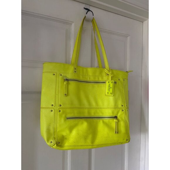 Nine West Bright Yellow Tote Bag With Multiple Zipper Pockets & Printed Interior - Picture 6 of 14